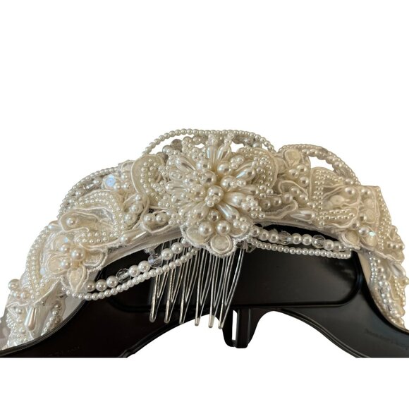 Vintage 1990s Beaded Bridal Headband Veil Cream Tulle Two Tier Mid Length - Picture 7 of 16